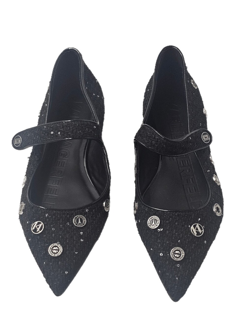 Karl Lagerfeld Paris Vicci Black Tweed Embellished Mary Jane Flats 8.5 NWOB Logo